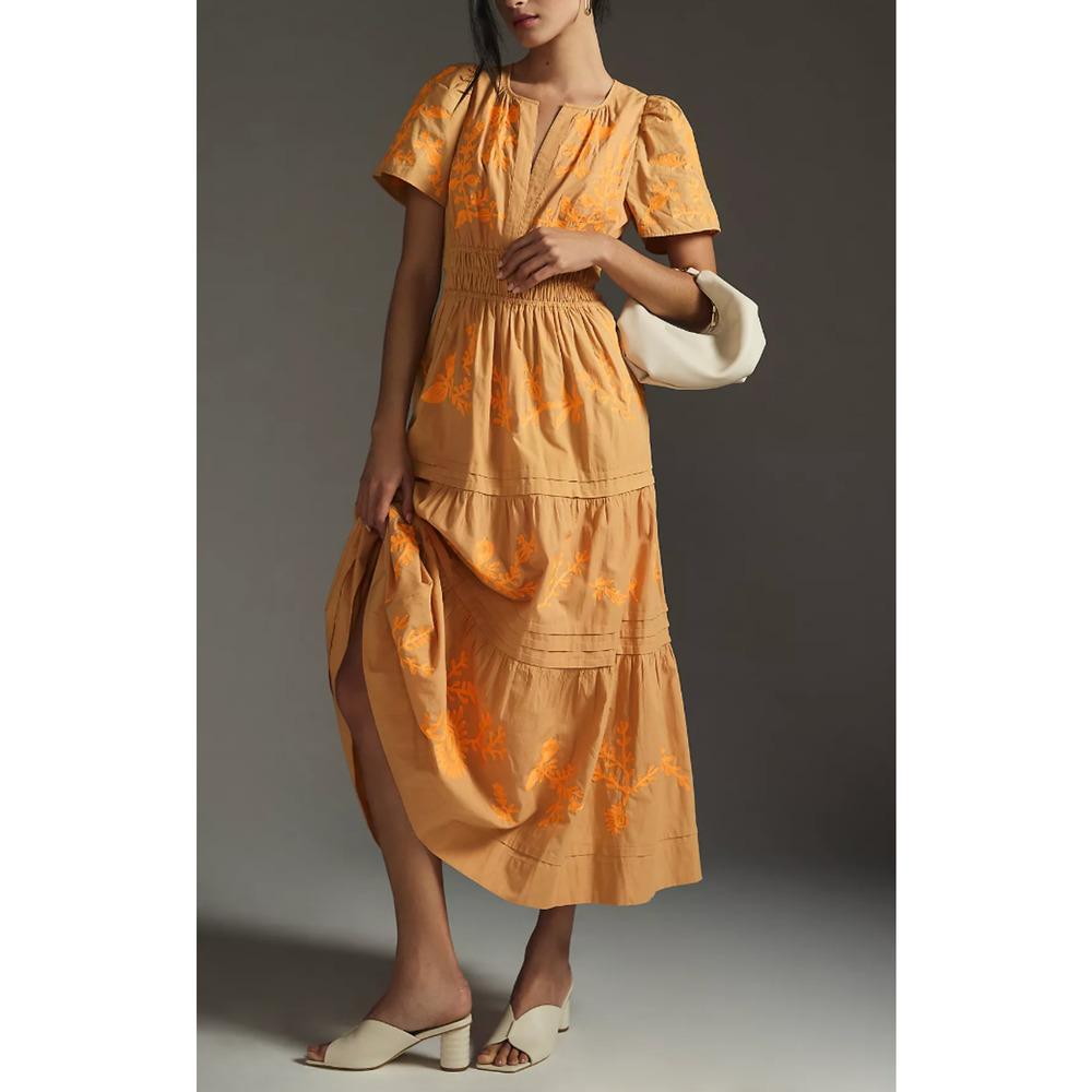 ANTHROPOLOGIE SOMERSET TIERED EMBROIDERED EDITION ORANGE MAXI DRESS SZ XS